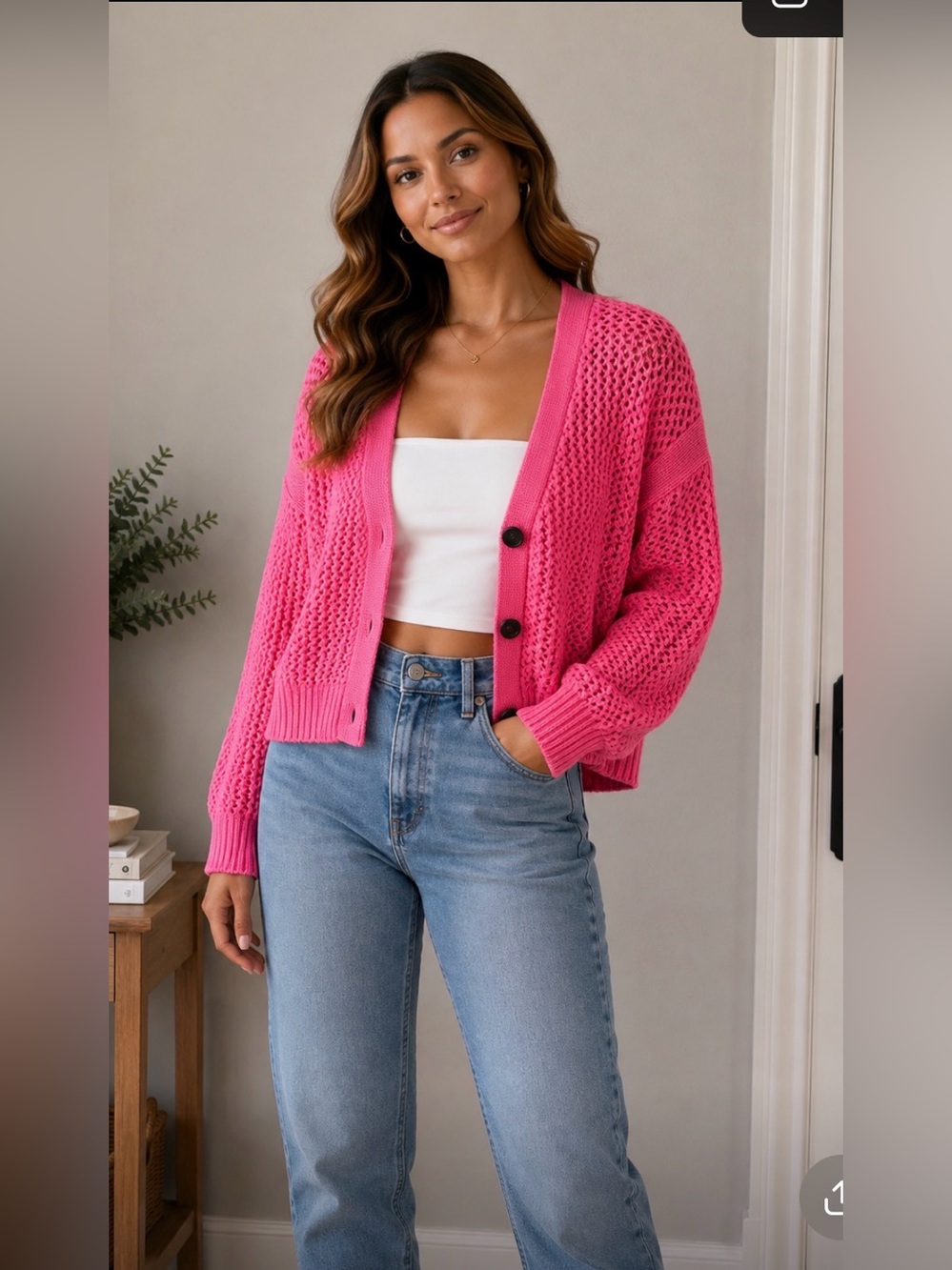 Anthro Self Contrast Pink‎ Open-Knit V-Neck Cardigan Sweater XS